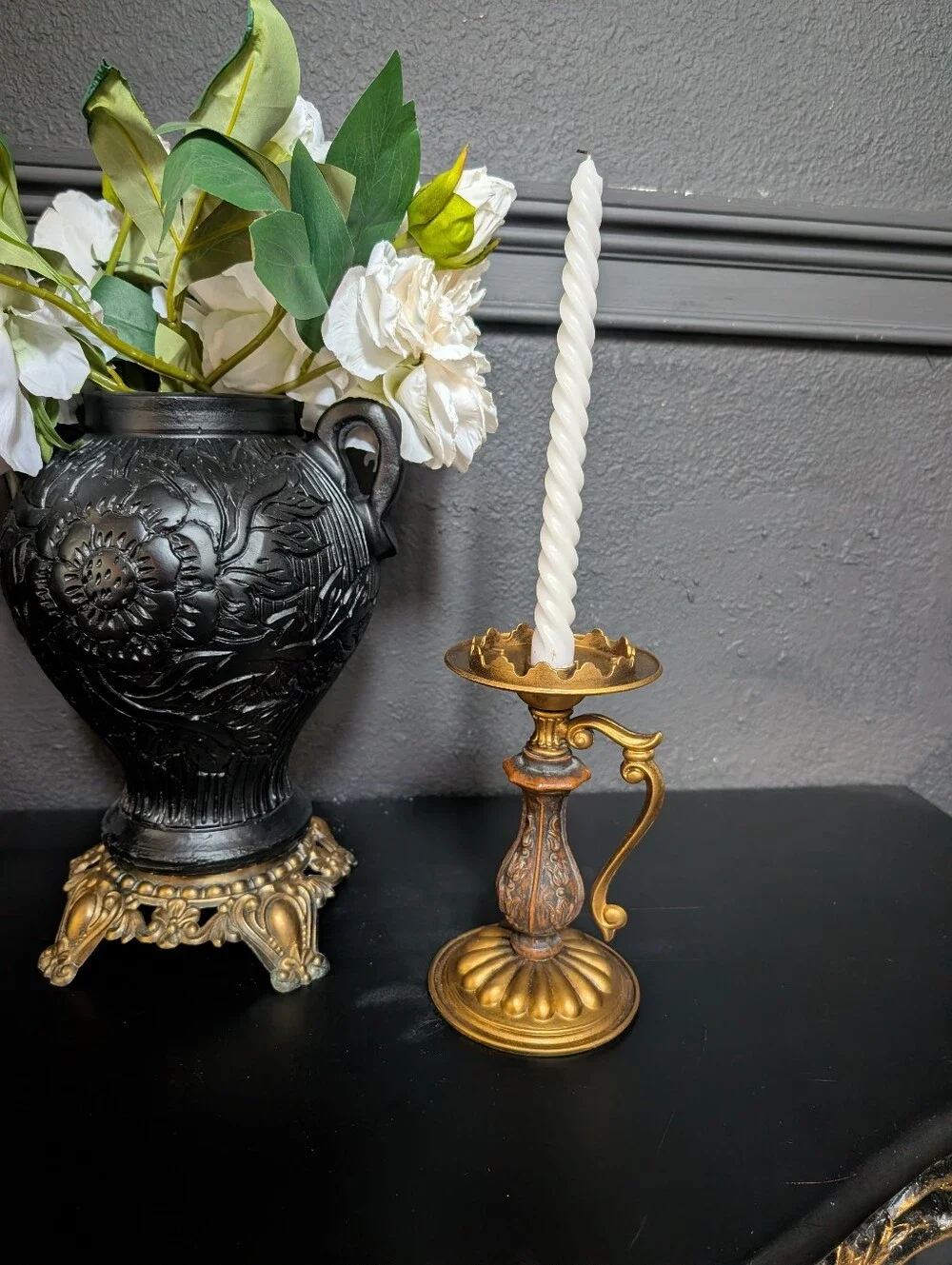 Vintage Mid Century / Gothic Style Scroll Details Candle Holder Gold & Faux Wood